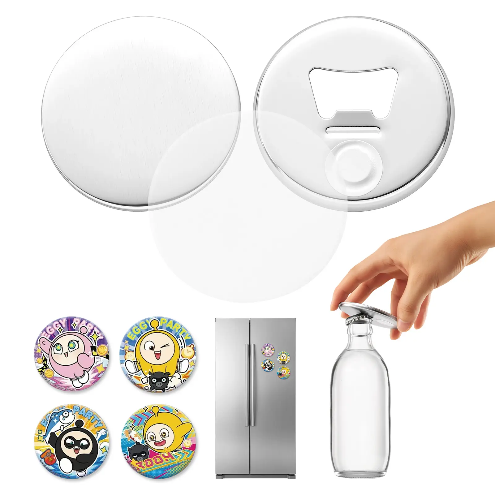 VEVOR Button Maker Supplies 50 Sets 2.95 in / 75 mm Magnet Button Parts, with Magnetic and Bottle Opener Backs, Metal Shells, Clear Mylar Films, and Blank Circle Papers, for Home DIY, Kitchen Decor
