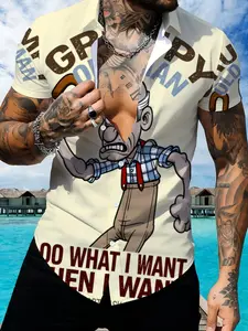 Cartoon Old Man Pattern Short Sleeve Shirt, Men's Casual Fun Printed Summer Top
