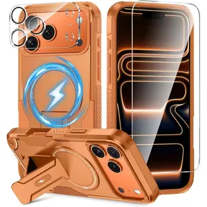 3 in 1 for iPhone 17 Pro Max Case [Compatible with MagSafe] [Invisible Kickstand] [HD Screen Protector] [Camera Lens Protector], Protective Magnetic Phone Cover for iPhone 17 Promax (Orange)