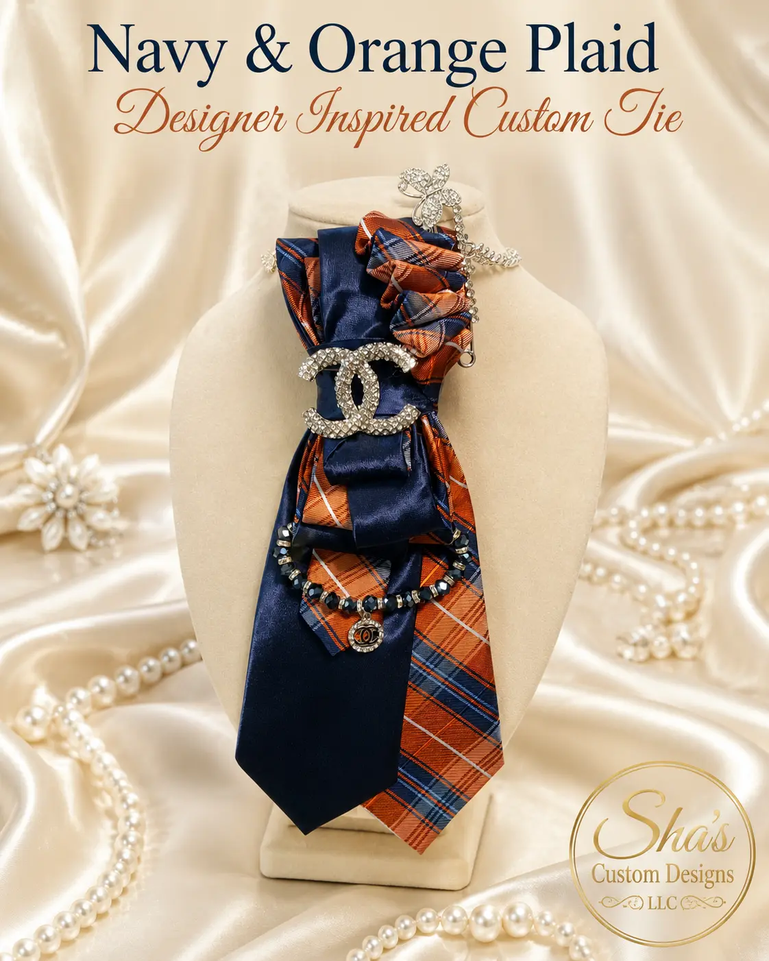 Navy and Orange Plaid- Designer Inspired Custom Tie