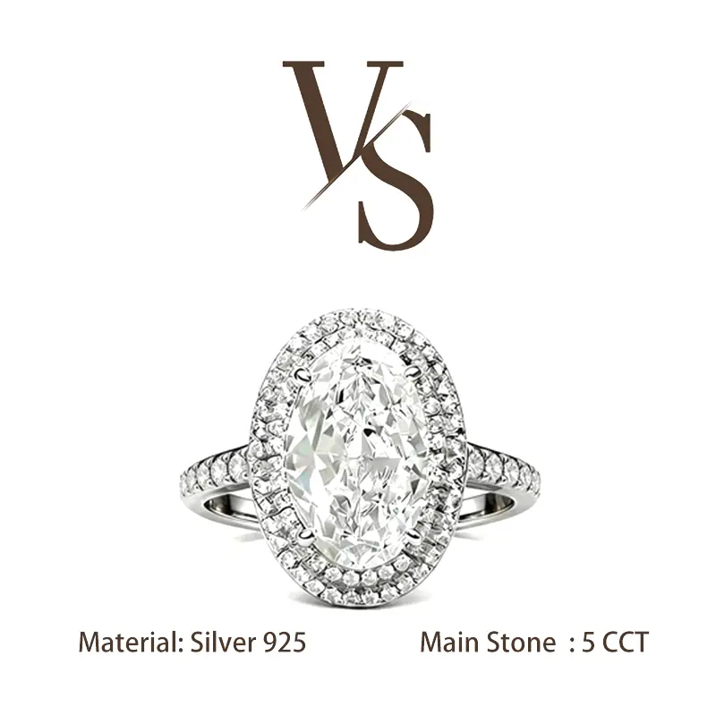 [Venus Jewelry] Lab Created Gemstone 5 CCT Oval Shape Double Halo Halo Design VVS 1 D Color Solid Silver 925 Solitare Ring