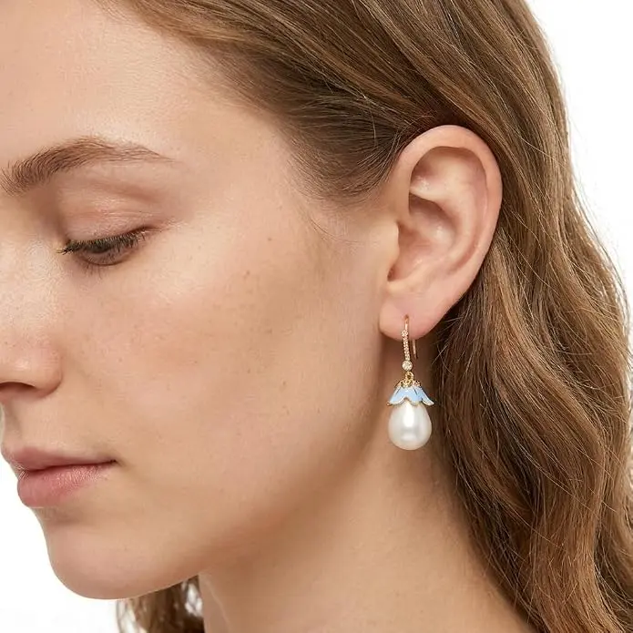 Women's Bluebell Pearl Drop Earrings, Hand-Painted Enamel Floral Earrings with Cubic Zirconia & 925 Sterling Silver Posts, Ideal for Birthday, Engagement, Mother's Day, Anniversary Gifting, Flowers, Adults