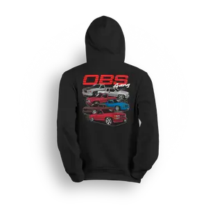 OBS Gang Stack Hoodie - Black Long Sleeve Fitted Casual Car Print Men's Sweatshirt with Pocket & Ribbed Trim