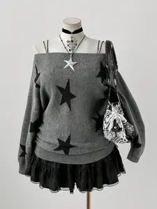 Sunspun Plus Size Y2K Pentagram Jacquard Batwing Sleeve Boat Neck Knit Sweater – Loose Cozy Pullover for Fall/Winter
