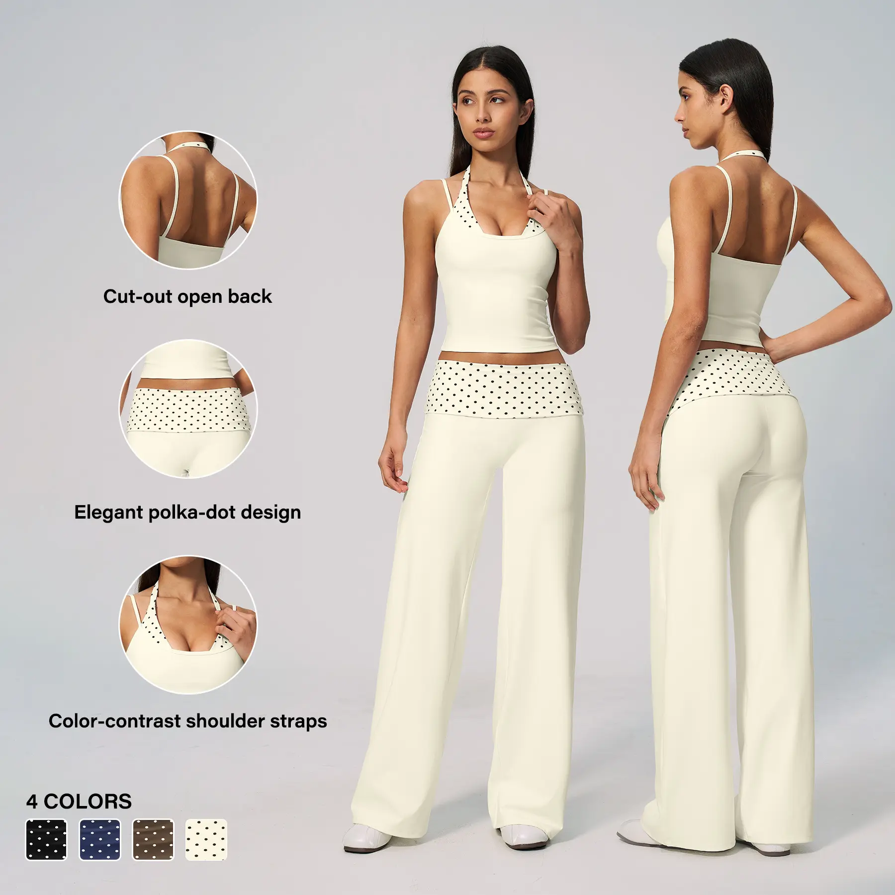 Women's Matching Sets 2 Piece Polka Dot Print Halter Neck Cami and High Waisted Fold Over Wide Leg Trousers Outfits Brushed Soft Fabric Butt Lift Quick Dry Elastic Slim Fit Yoga Gym Activewear Set