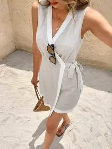 Contrast Side Knot Summer Casual Mini Dress, Vneck Sleeveless, Bohemian Style Women's Dress, Beach Vacation, Resort Hotel Wear, Fashionable and Comfortable