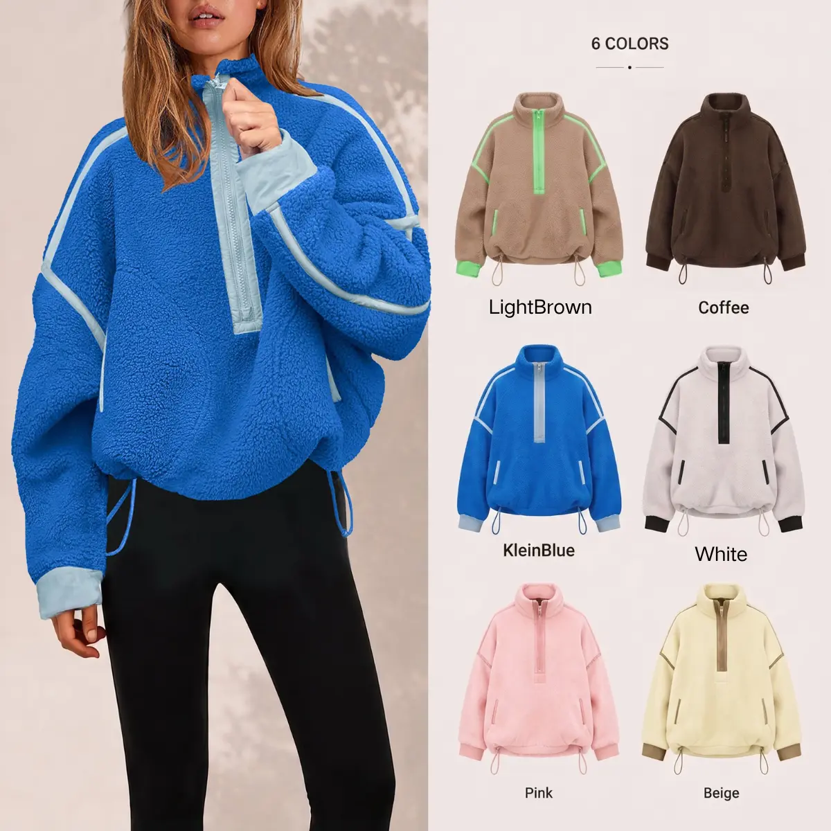 Yeokou Women's Loose Polyester Teddy Fluffy Sherpa Fleece Pullover - Soft Long-Sleeve Half-Zip Tops with Pockets, Baggy, Elevated Casual, Hoodie, Style, Sweatshirt, Oversize, Party, Layering Outfits, Classic