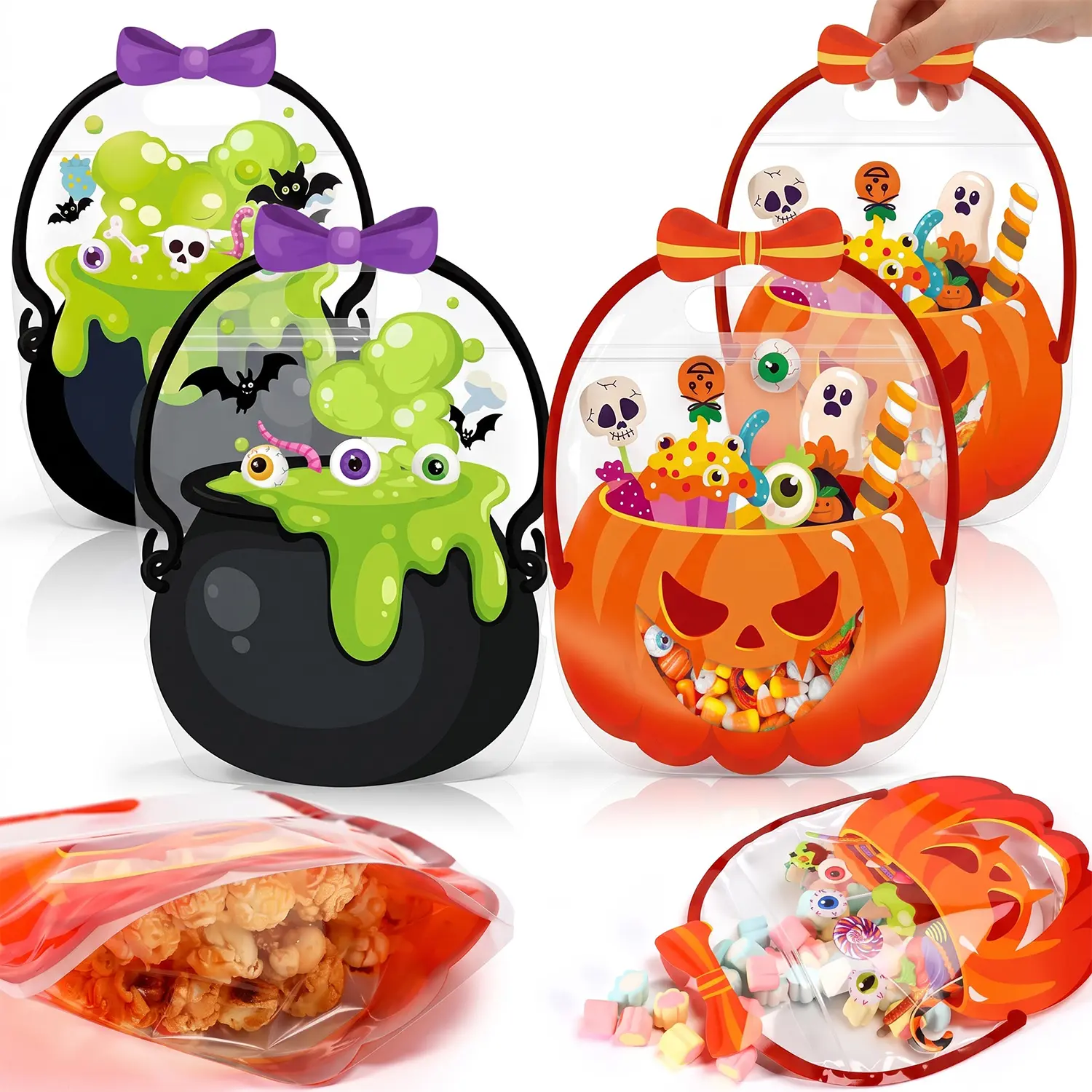 Halloween Goodie Bags Plastic Candy Bag Trick or Treat Bags with Cauldron Skeleton black Cat Skull Pumpkin Design,Treat Bags for Student Teacher Colleagues Neighbors,Classroom Snack Storage for Halloween Birthday Party Favor Supplies