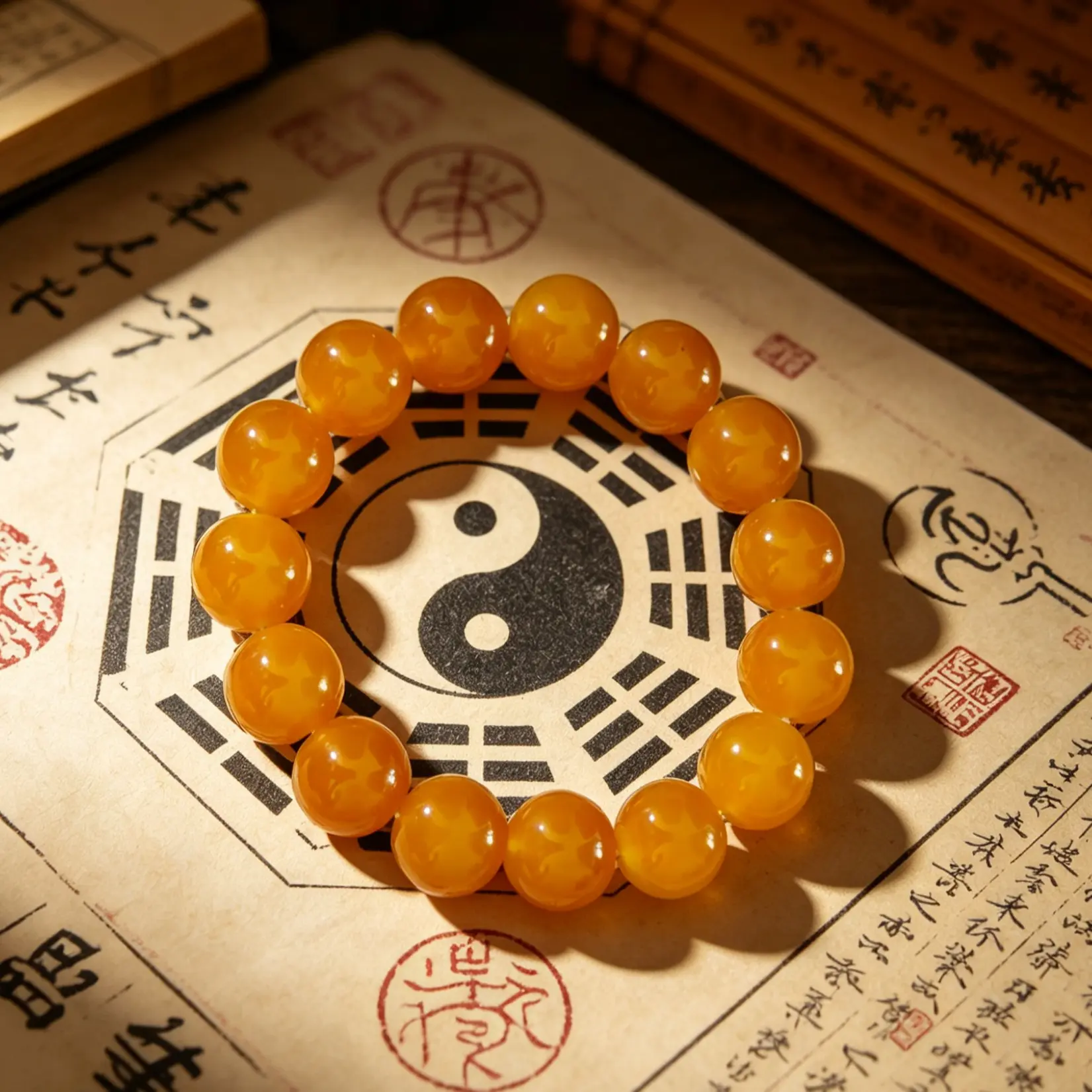 Yellow Agate Beaded Bangle with Taoist Bagua Charm, Spiritual Feng Shui Jewelry to Boost Career Fortune and Attract Daily Prosperity, Bracelet, Dispel Stagnant Negative Energy, Good Luck, Stone, Stable Good Luck
