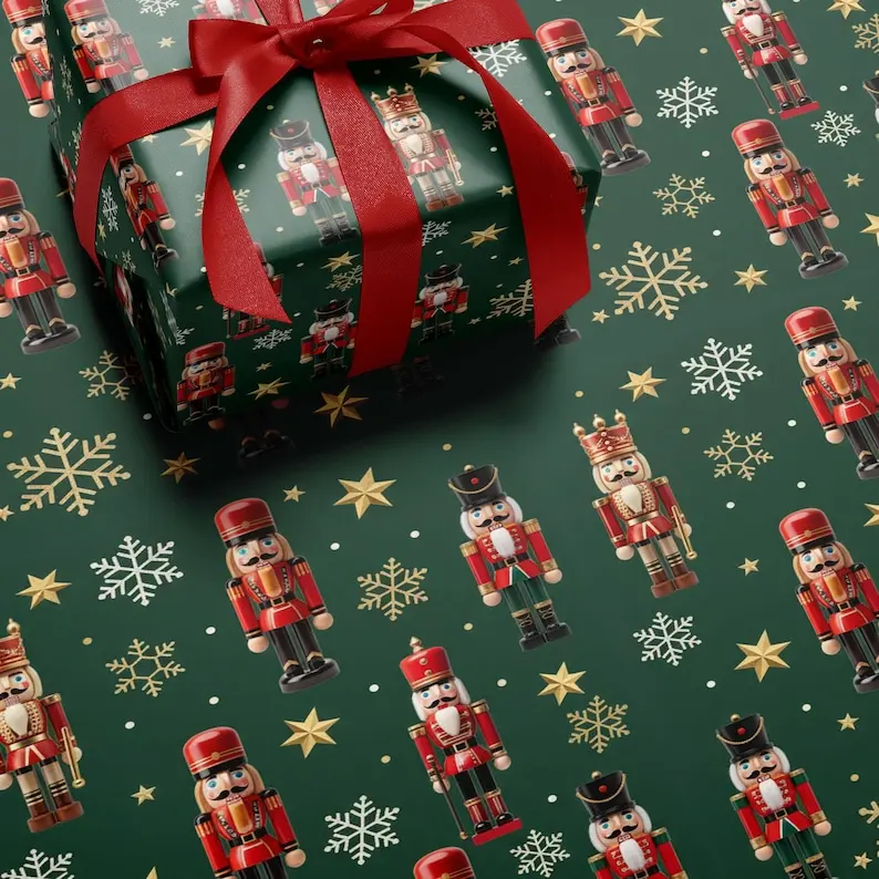 Nutcracker Christmas Wrapping Paper Green Vintage Wrap Festive Toy Soldier Print Classic Seasonal Decor for Winter