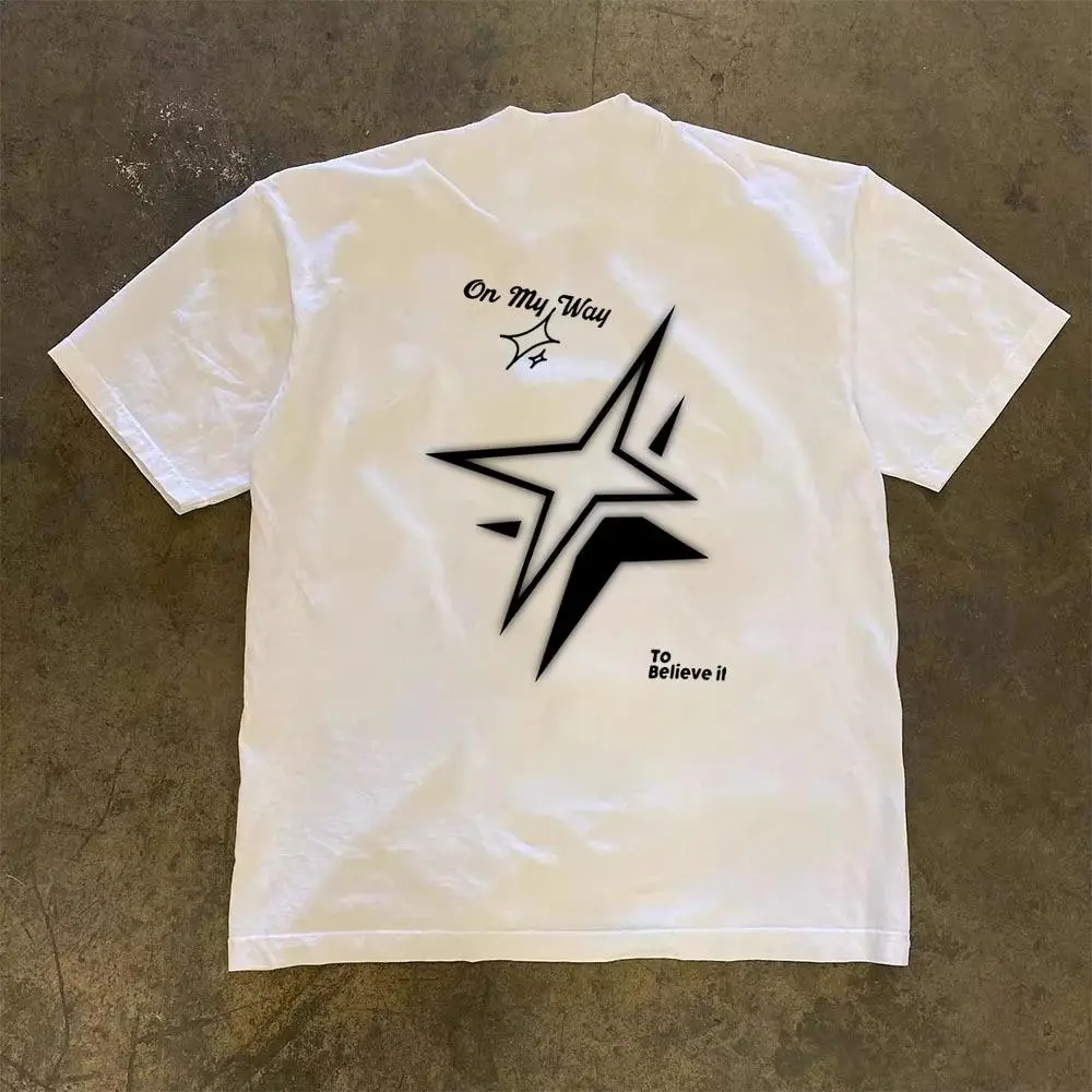 American Retro Star Graphic Oversized T-Shirt | Vintage Streetwear Unisex Tee | 100% Cotton Short Sleeve Top for Men & Women | Trendy Casual Fashion Shirt | SKU qmxtrplazv