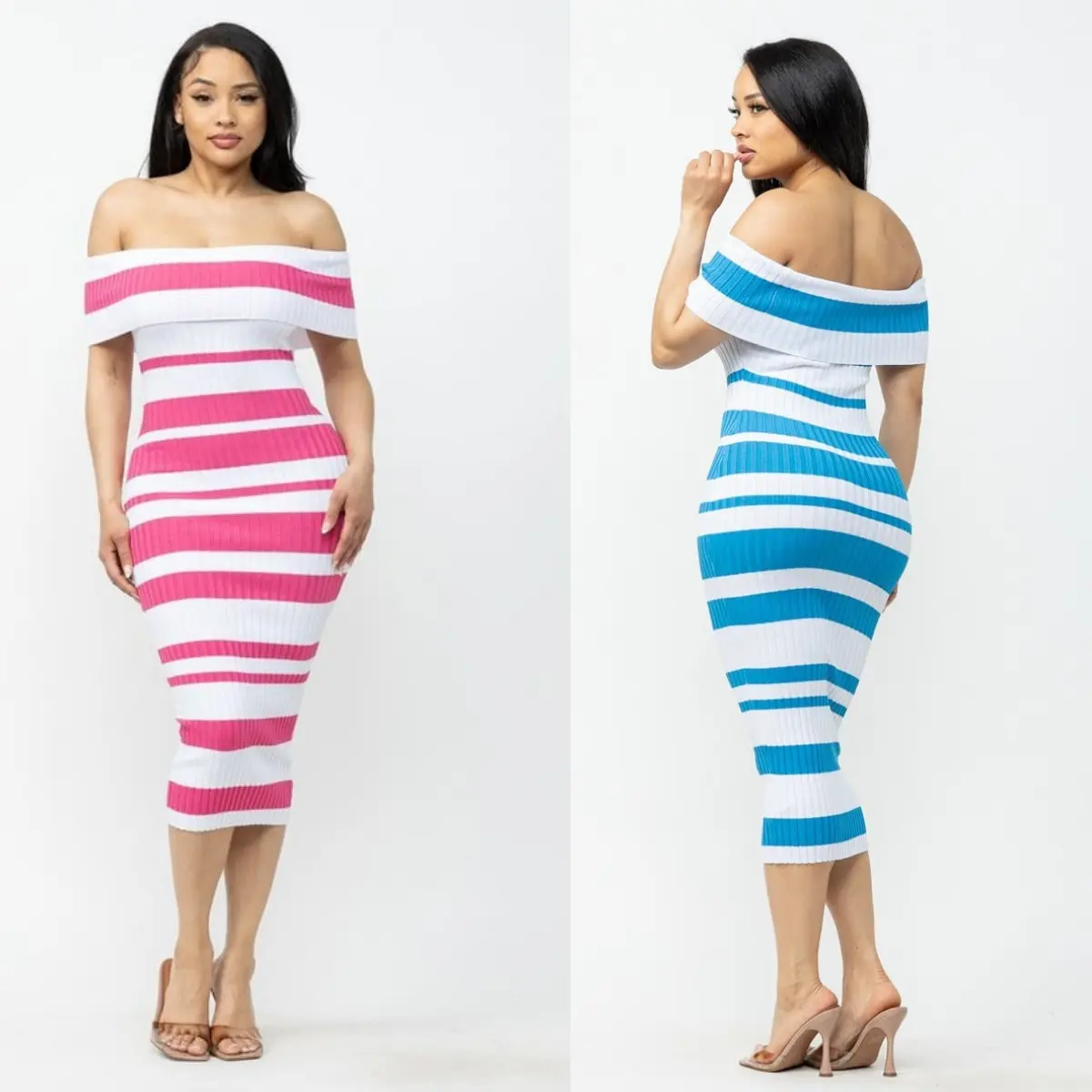 Laura Off Shoulder StripeElegant Midi Dress For women Striped Casual Striped Casual Fit Sleeve Womenswear Basic Chic Party