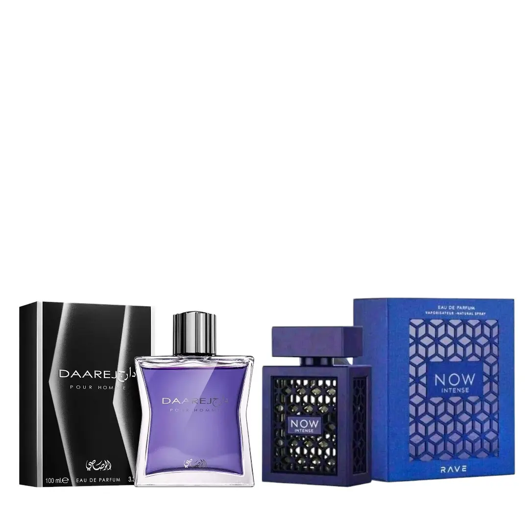 Lattafa Rave Now Intense + Daarej Multi-Pack EDP Perfume Fragrance for Men, 6.8 fl oz Total (3.4 oz Per Bottle), Alcohol Base, Woody-Aromatic & Woody-Amber, Warm Vanilla Notes