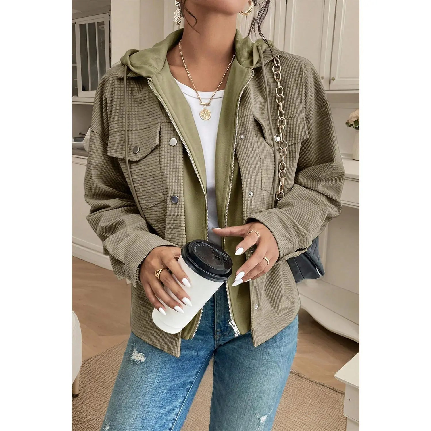 Laurel Green Solid Color Textured Patchwork Flap Pocket Shacket