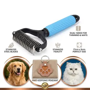Pet Detangling Comb - Double-Sided Fur Removal Shedding Tool, 1-Click Detachable Self-Cleaning Undercoat Rake Shedding Tool, Dog & Cat Grooming Deshedding Brush for Mats, Detachable Self-Cleaning Shedding Tools