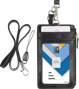 Badge Holder with Zipper,  School Supply 2-Sided PU Leather College ID Badge Holder with 1 ID Window, 4 Card Holder Slots, 1 Side Pocket and 20 Inch Leather Neck Strap Lanyard -Vertical Black