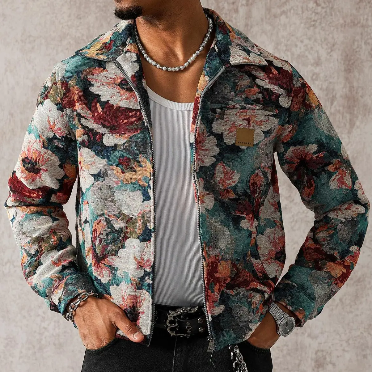 Men’s vintage floral tapestry zip-up jacket with lapel collar and chest pocket, retro jacquard streetwear coat