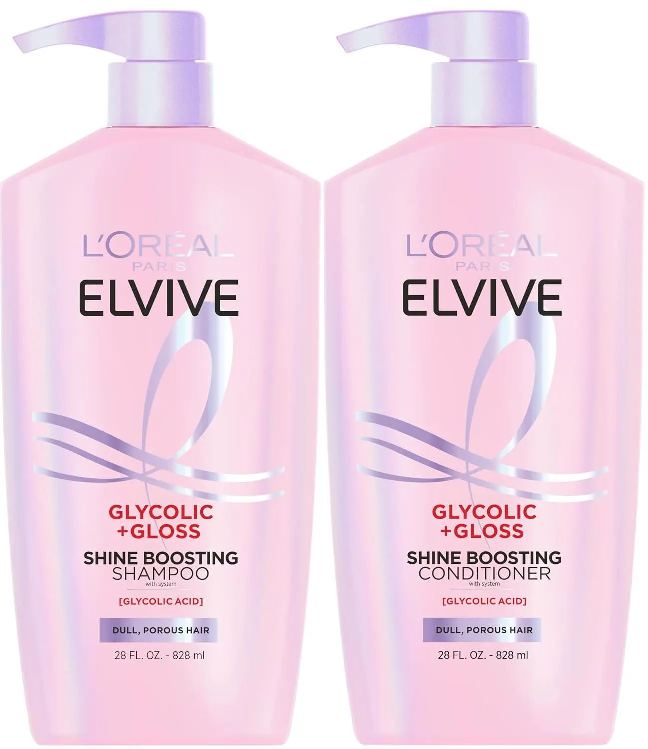 L'Oreal Paris Elvive Glycolic + Gloss Shine Boosting Shampoo and Conditioner Set, Cleanses and Smooths Dull, Porous Hair Into High-Shine, Glossy Hair, 56 Fl Oz Set