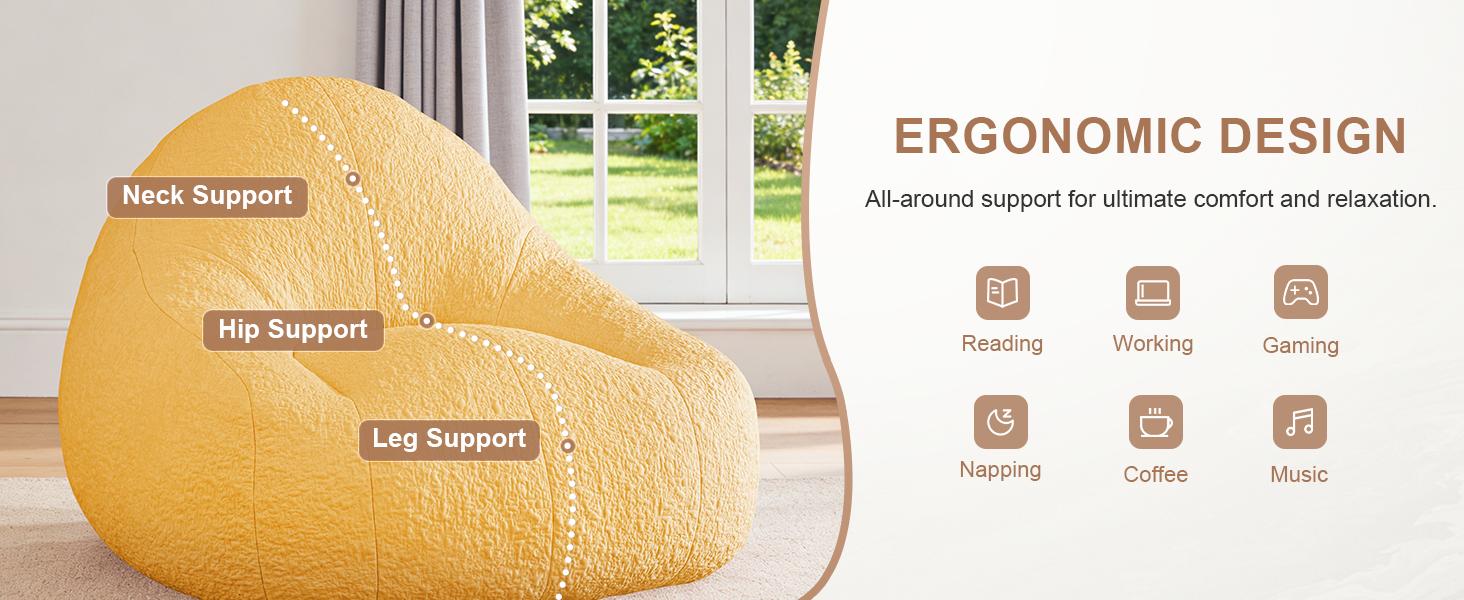 NABUMI 4FT Large Bean Bag Chair for Adults - Big Boneless Floor Chair with Foam Filling, Ergonomic Memory Foam Sofa, Oversized Bean Bag Sofa for Reading and Gaming in Bedroom, Living Room, Dorm, Yellow, Pink, White, Gray NABUMI 4FT Large Bean Bag Chair for Adults - Big Boneless Floor Chair with Foam Filling, Ergonomic Memory Foam Sofa, Oversized Bean Bag Sofa for Reading and Gaming in Bedroom, Living Room, Dorm, Yellow, Pink, White, Gray