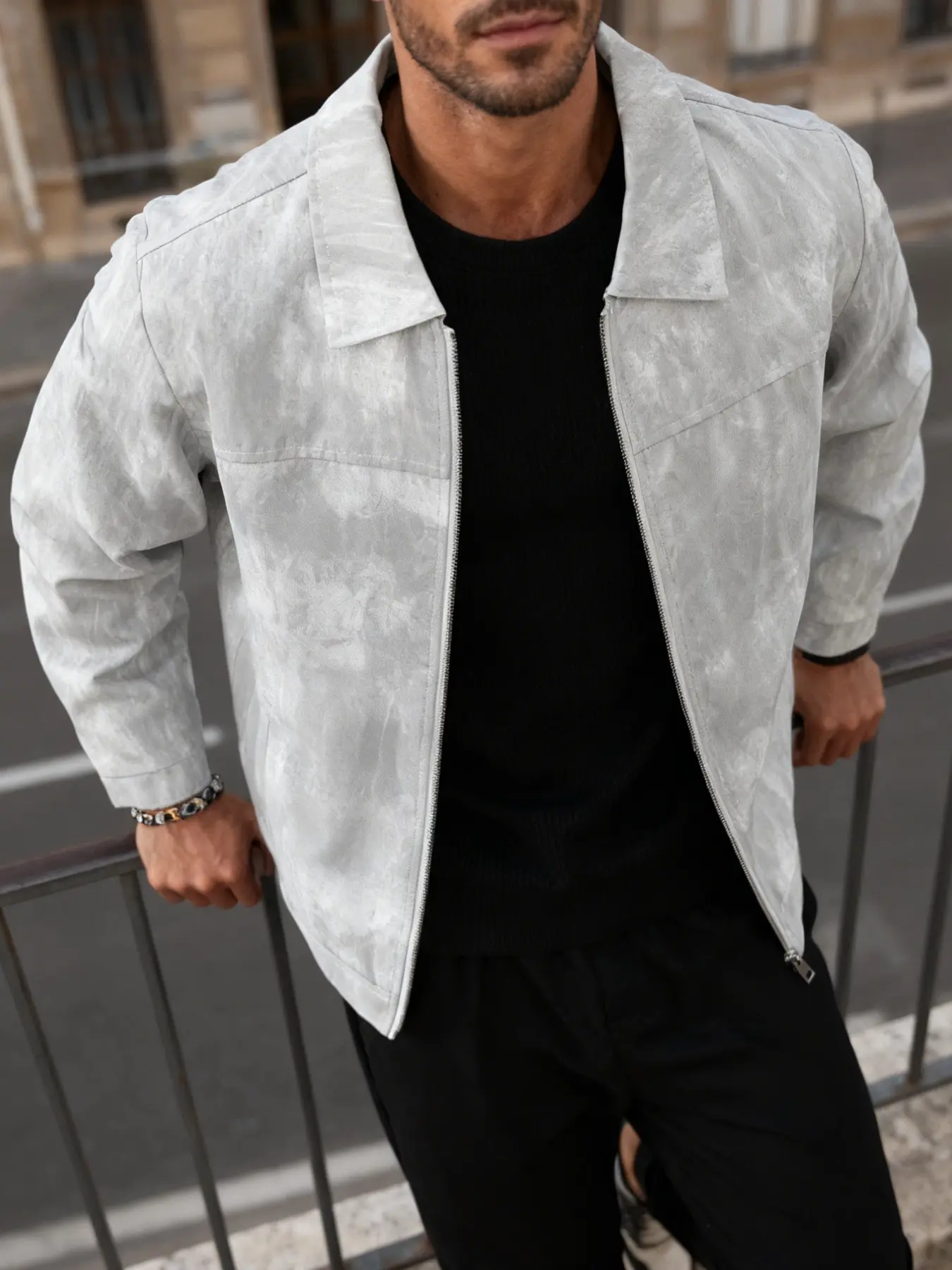Men's lightweight casual jacket, fashion casual coats, Coats, Fitted, Outerwear, Long Sleeves, zipper closure, lapel design, tie dye distressed jacket, machine washable, polyester fiber, suitable for daily leisure, work travel, Spring and Autumn seasons