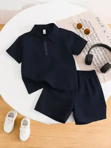 Boys' Summer Casual Set, Zipper Polo Shirt & Matching Shorts, Lightweight Breathable Fabric, 2-Piece for Daily Wear, Clothing Sets