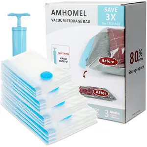 Amhomel Vacuum Storage Bag (3 Jumbo, 3 Large, 3 Medium, 3 Small) Ziplock Space Saver Sealer Bags, Air Tight Compression Organizers for Pillows Clothes Blankets Comforters with Hand Pump - 12 Combo amhomel
