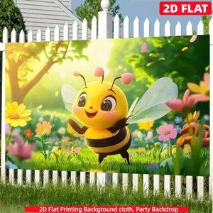 Cute Spring-Style Bee Background Wall Decor Banner, Polyester Material - Featuring bees, flowers, grass, and trees, suitable for living rooms, bedrooms, offices, birthdays, anniversaries, home décor, outdoor and indoor parties, photography backdrops