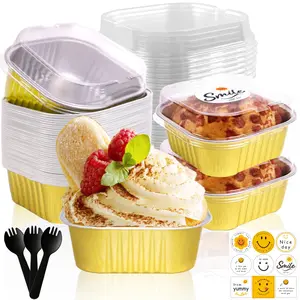 10oz Mini Cake Pans With Lids 50 Pack Aluminum Foil Square Brownie Baking Cups,Disposable Loaf Pans With Lids and Spoons Stickers,Large Cupcake Pans Muffin Tins Cake Container