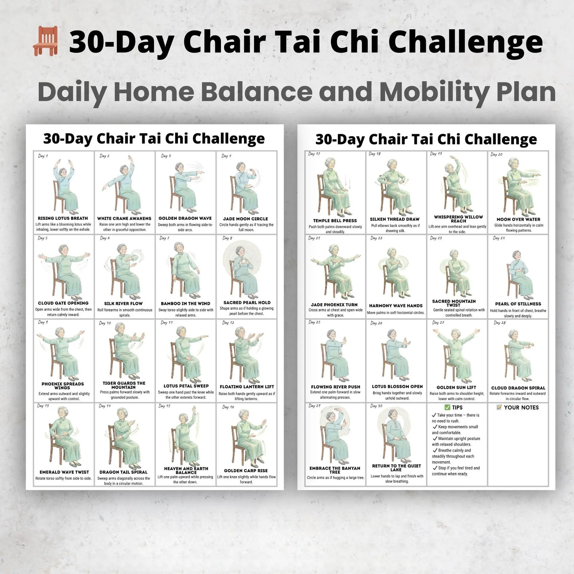 30-Day Tai Chi Challenge Chair Exercise Chart, Beginner Sitting Workout Plan, Fitness Guide for Home Practice, Easy-To-Follow Instructions, Clear Diagrams