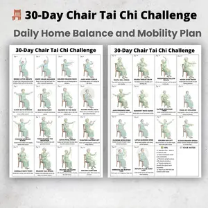 30-Day Tai Chi Challenge Chair Exercise Chart, Beginner Sitting Workout Plan, Fitness Guide for Home Practice, Easy-To-Follow Instructions, Clear Diagrams