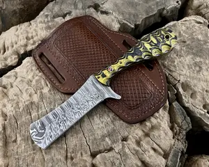Handmade Damascus Hunting Knife 8" Cowboy Bull Cutter Bushcraft Camping Knife w Leather Cross Draw Sheath Wood Handle
