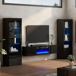 VanAcc High Gloss Finish Wall Unit Modern Entertainment Center with LED Lights, Including Floating TV Stand with 36" Electric Fireplace & 2 Bookcases