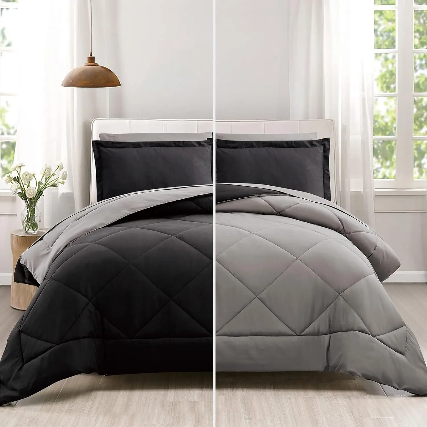 Size 7 count Comforter Set Bed in a Bag, Reversible Bed Set with Comforter, Flat Sheet, Fitted Sheet, Pillowcases & Shams, Black and Grey Bedding Sets for  Bed