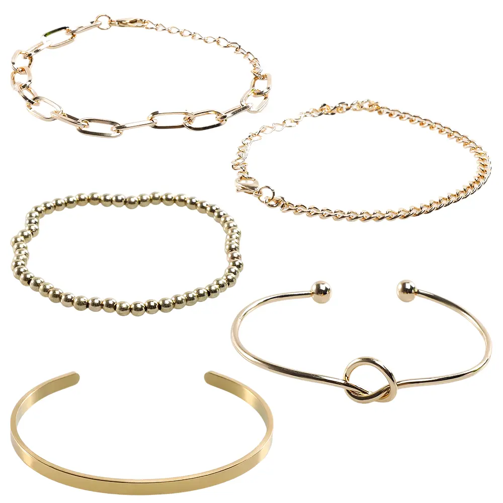 5 PCS Elegant European and American Style Pin Bracelet Set with Simple Heart Link Chain, Stainless Steel Open Cuff Bracelet