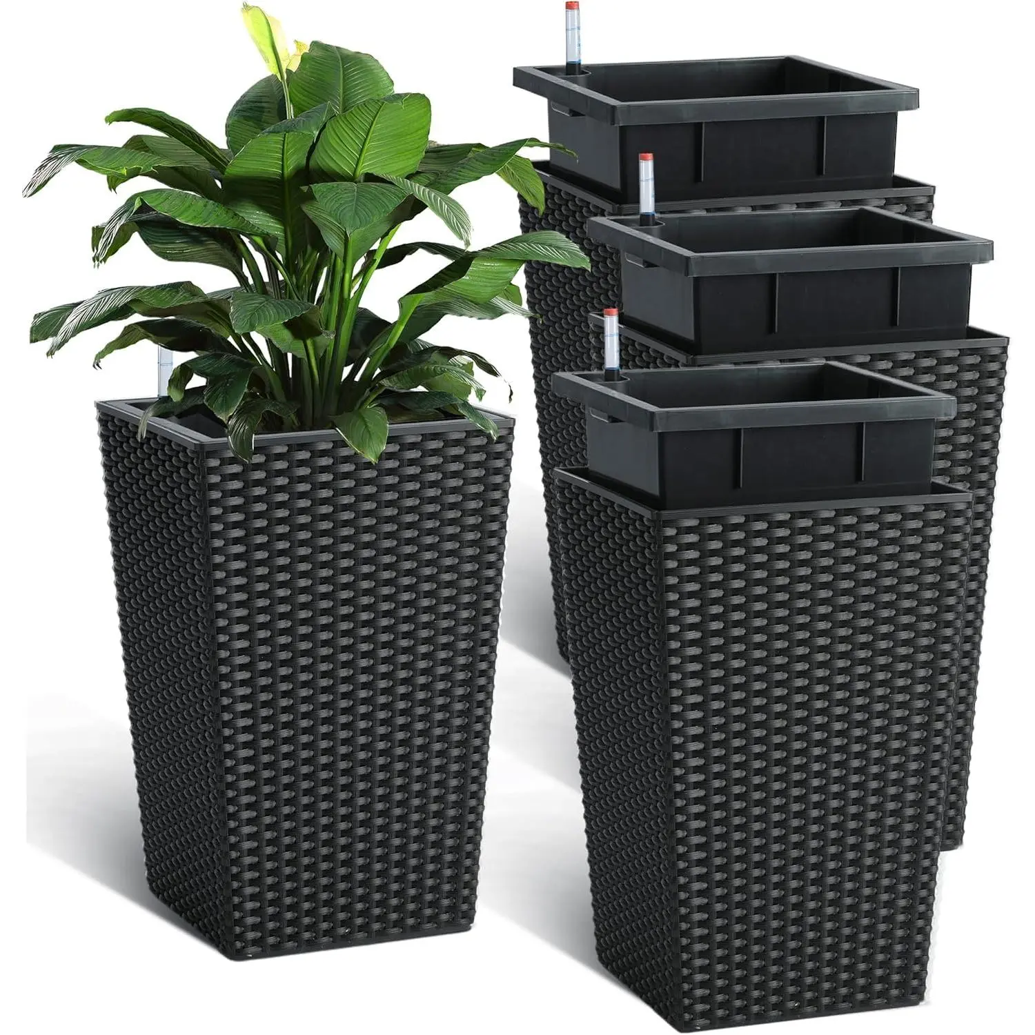 4 Pack Rattan Outdoor Garden Planter Boxes - 16 in Tall Sub Irrigated Porch Planters with Water Level Monitor, Indoor Home Decor, Outdoor Garden Planters