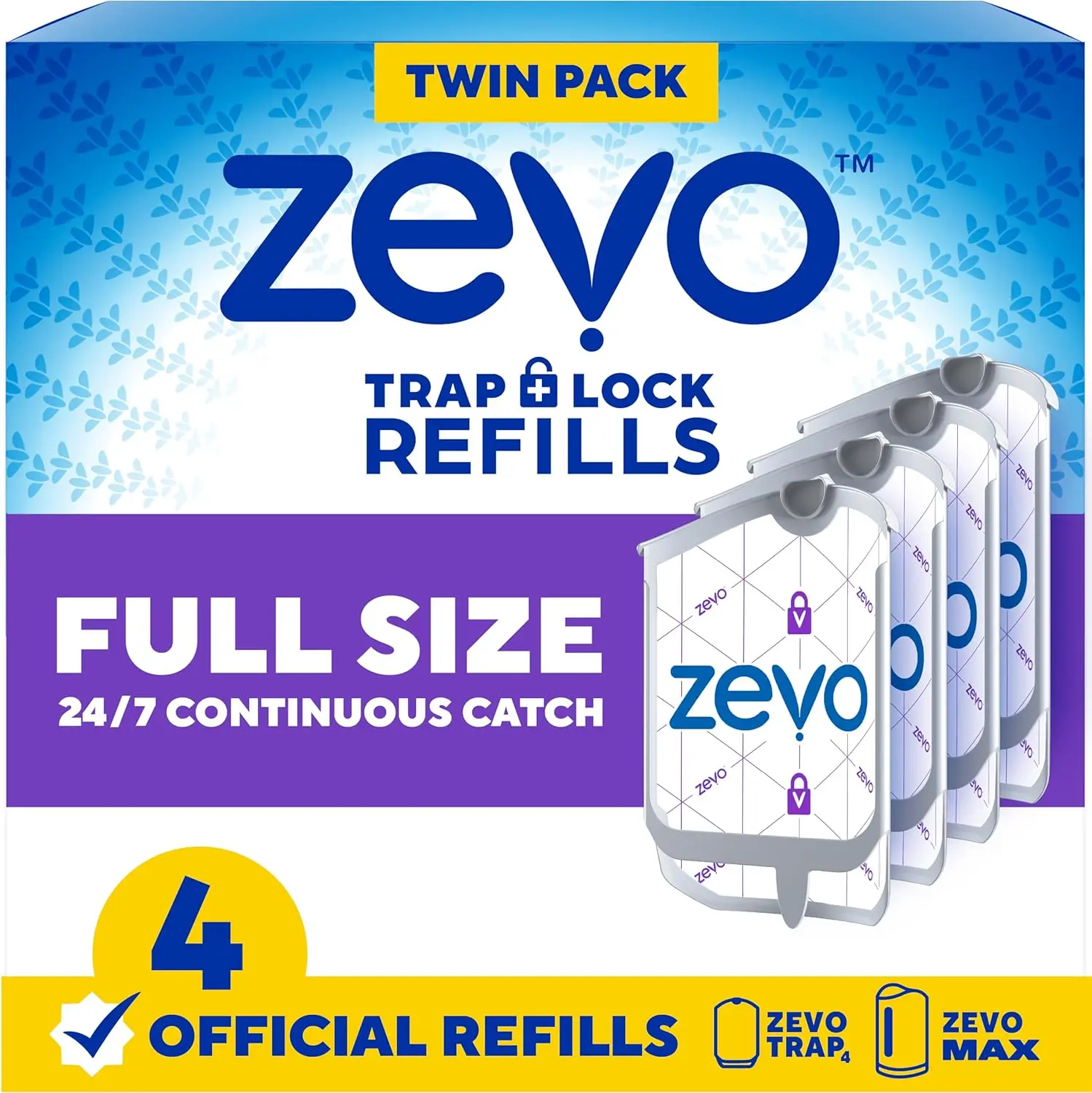 Zevo Flying Insect Trap Official Refill Cartridges - Fits Zevo Trap and MAX Indoor Fly Trap, Trap+Lock Technology Fly Trap Refill for Gnats, House Flies & Fruit Flies (4 Official Refill Cartridges)