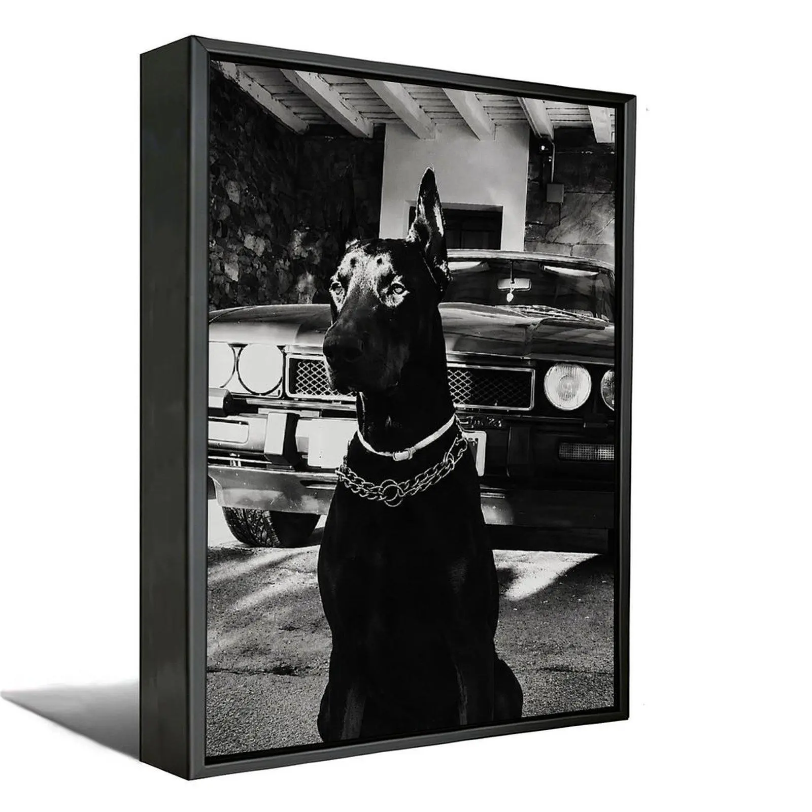 Vintage Doberman Dog Canvas Print Photo - Black and White Retro Look Printed Art, Pet Lover Home Decor for Bedroom, Garage Wall