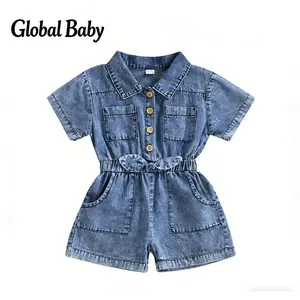 Global Baby Jumpsuit acid washed Jeans Denim Children's Suit. Short Sleeve Light Denim Shirt Shorts Two-piece Set Size Toddler Girls Denim Overalls Shorts Short Sleeves Turn Down Collar