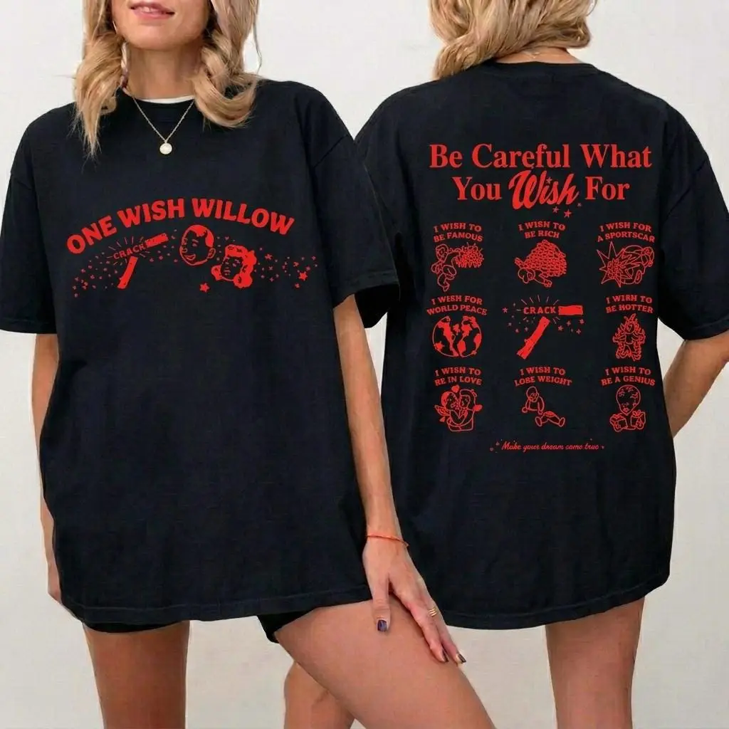 One Wish Willow Shirt, Be Careful What You Wish For Graphic Tee, Red Black Vintage Wish List T-Shirt, Retro Two Sided Graphic Top