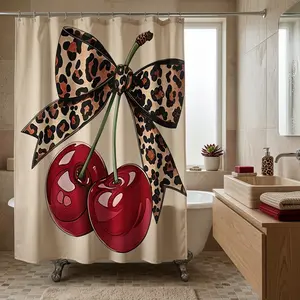 Chic Cream Shower Curtain with Glossy Cherry Print and Leopard Bow, Stylish Bathroom Décor for Modern Look, Perfect for Holidays or Everyday Use
