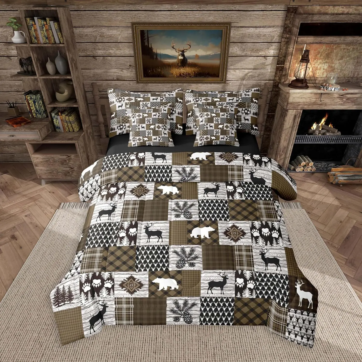 Feelyou 7-Piece Queen Quilted Blanket Bedding Set - Lodge Plaid, Bear & Deer Prints, Brown Boho Western Rustic Cabin Decor, Quilted Texture, High Tensile Strength, Multi-Size Option for Kids