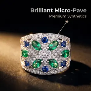 Vintage multi-colored synthetic emerald and sapphire micro-paved wide-band ring, openwork cocktail ring, luxurious vintage jewelry