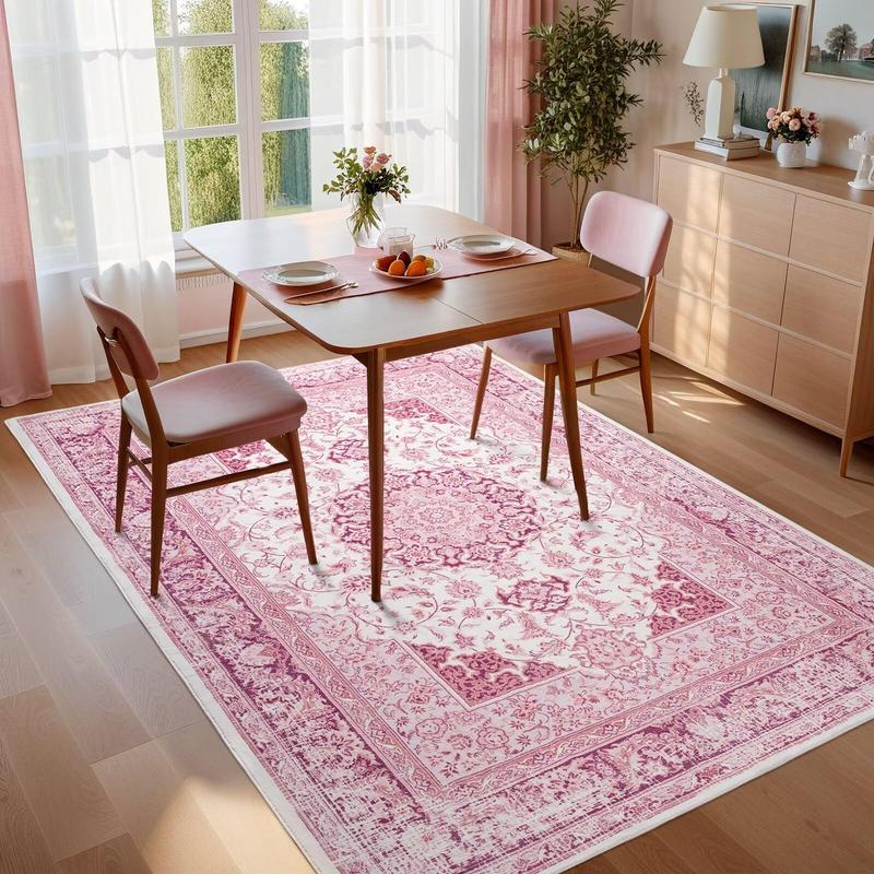 Non-Slip Washable Faux Wool Vintage Boho Rug, Retro Distressed Medallion Carpet 5x7 6x9 ft, Red/Blue Low Pile Soft Mat for Entryway Kitchen Traditional Interiors