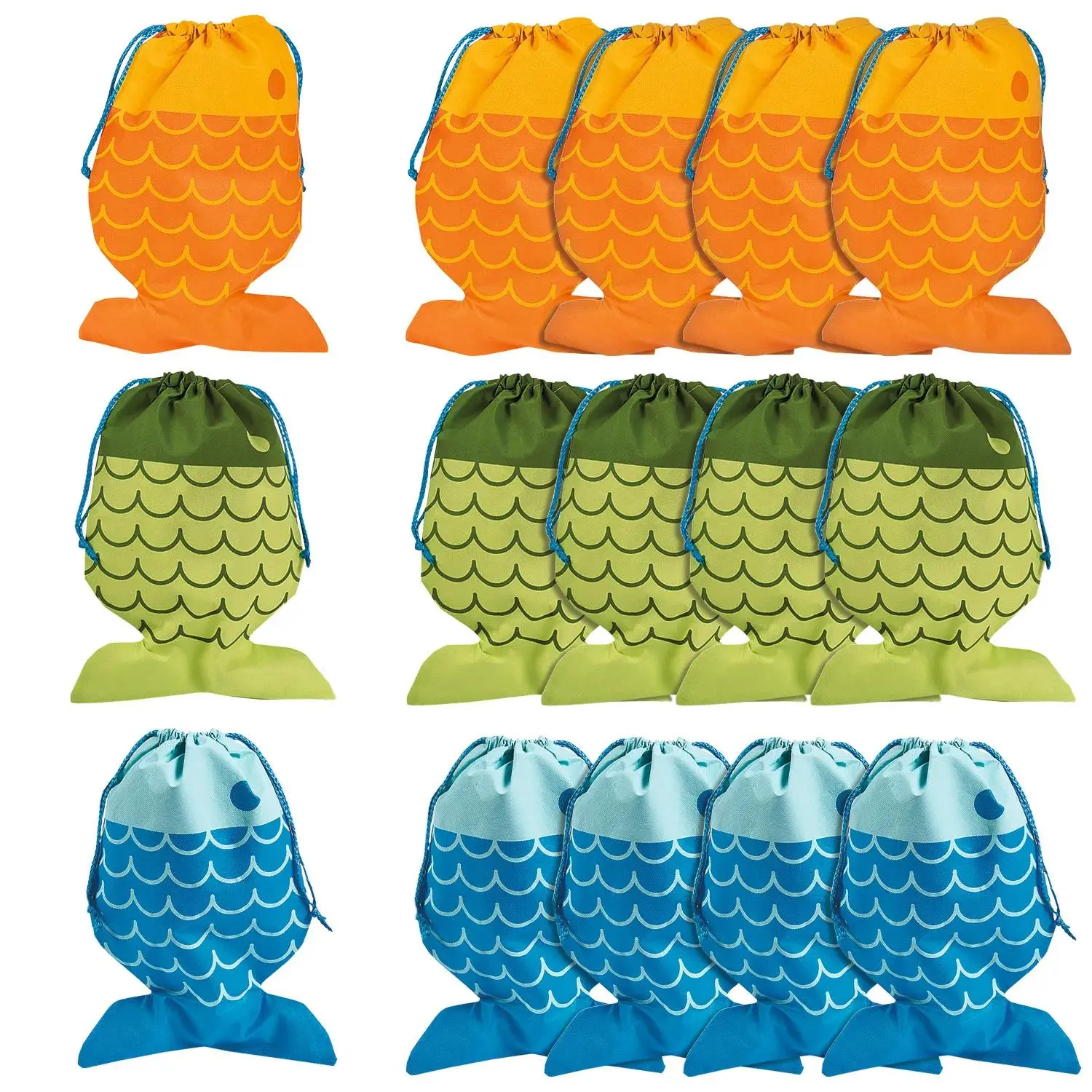 10" x 14 1/2" Little Fisherman Bright Color Fish Drawstring Bags - 12 Pc.