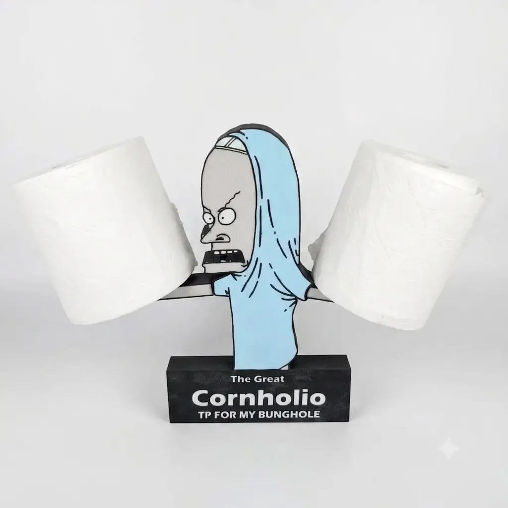 Cornholio Character Plastic Toilet Paper Holder - 10 Inches Tall Dual Rolls Countertop Organizer, Whimsical Quirky Home Decor, Functional Bathroom Necessities, Modern Bathroom Gadget, Ideal Gift for Beavis Fans, Fans of Beavis and Butt-Head