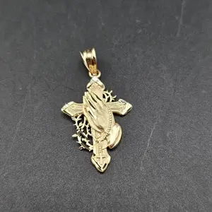 Gold 14k Pendant Hands Praying Design for Everyday Wear with Cross Motif and Star Accents