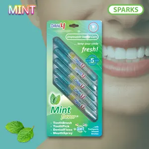 Oral4 Care Kit 4-in-1 Toothbrush with Toothpaste + Floss + Pick + Mouth Spray | Travel Size | Individual | Travel Set | Oral Hygiene Care (Mint 5 Pack)