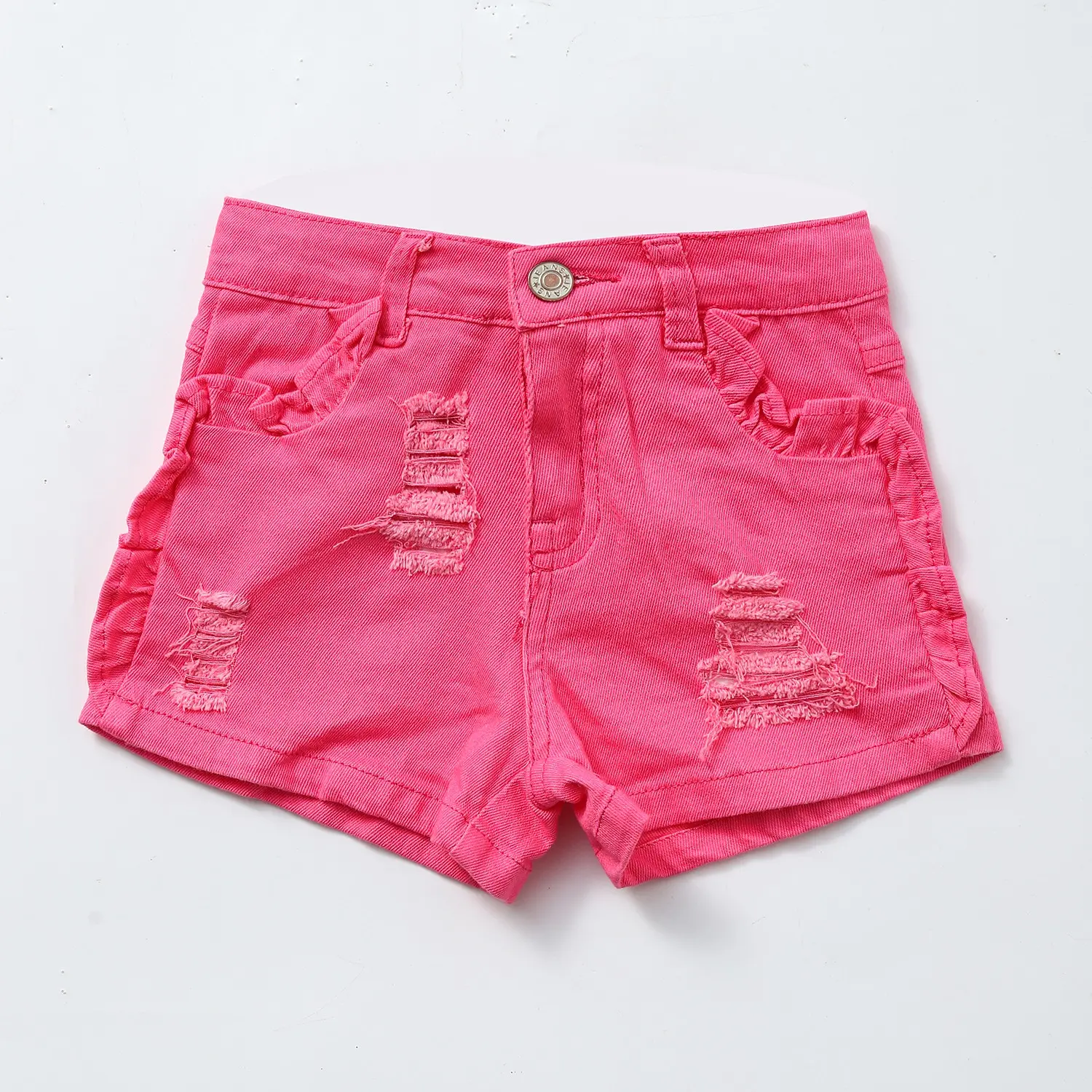 Girls' Cute Printed Denim Shorts with Ruffle Hem - Soft, Comfortable & Trendy Pink Jean Shorts for Kids
