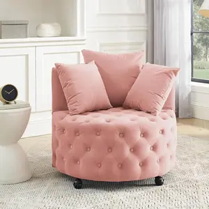 Swivel Barrel Accent Chair, 30" Modern Velvet Round Sofa Chair with 3 Pillows and Wheels, Comfy Tufted Club Lounge Chair for Living Room, Bedroom