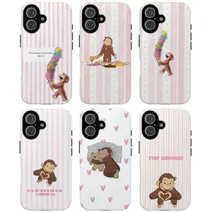 Cute Pink Curious George Monkey Cartoon Aesthetic Art Heavy Duty Tough Phone Case Shockproof Drop Protection Durable Hard Cover Trendy Gift for iPhone 11 12 13 14 15 16 17 Pro Max Plus